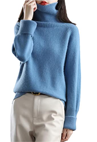 SaoBiiu Herbst und Winter 100% Kaschmirwolle Pullover Damen Langarm Lose Strickpullover Einfarbig Pullover, himmelblau, M von SaoBiiu