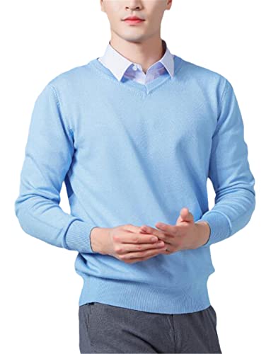 SaoBiiu Herren Kaschmir Pullover Herbst Winter Weich Warme Pullover Herren Pullover V-Ausschnitt Strickpullover, hellblau, X-Large von SaoBiiu