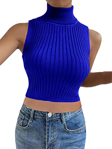 SaoBiiu Sommer Damen Basic Solid Rollkragen Rippstrick Tops Ärmellos Sexy Tank Tops Shirts High Stretch Cropped Tanks, blau, One size von SaoBiiu