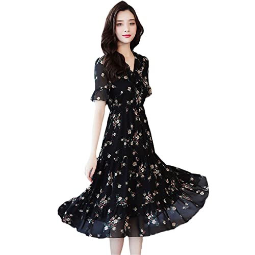 SaoBiiu Sommer Schwarz Floral Chiffon Kleider Frauen Casual Boho Strandkleid Kurzarm Partykleid, Schwarz , L von SaoBiiu