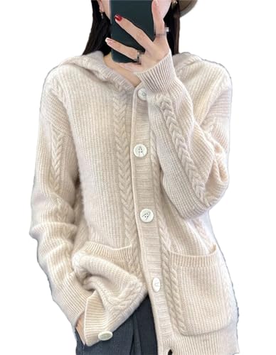 SaoBiiu Wolle Mit Kapuze Strickjacke Pullover Frauen Langarm Strick Tops Lose Lange Mantel Knopf Taschen Herbst Jacke, beige, M von SaoBiiu