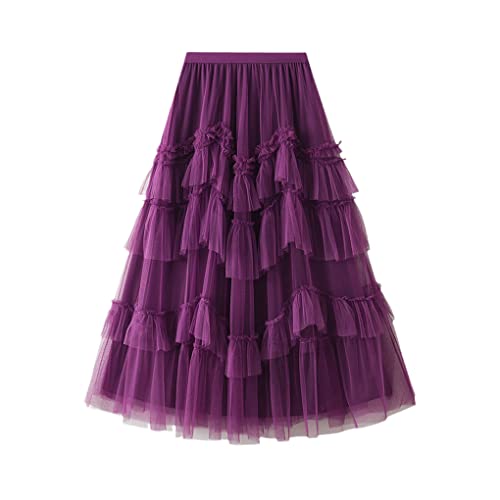 Spring Cake Mesh Tüllrock Damen Patchwork Midi Länge Lange Guaze Röcke Mode A Linie Rock Purple One Size von SaoBiiu