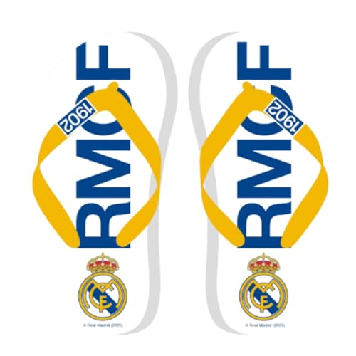 SaoTi Madrid Fußball-Flip-Flops – Zehensandalen Design Fans Merengue Team – Strand Pool Casual, Weiß, 39 EU von SaoTi