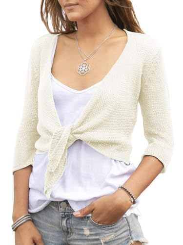 Saodimallsu Damen Leichte Strickjacke mit V-Ausschnitt Kurzarm Strickpullover Open Front 3/4 Ärmel Sommer Casual Cardigan Sheer Knotted Strand Tops Beige M von Saodimallsu