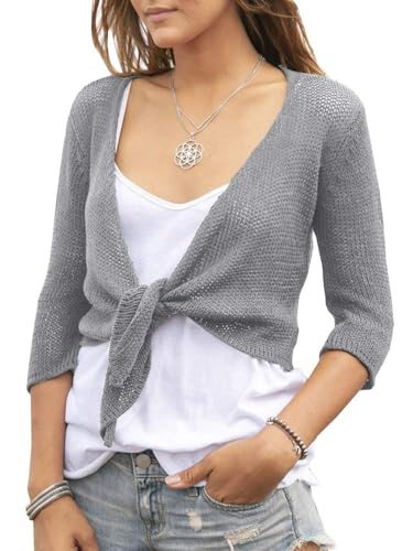 Saodimallsu Damen Sommer Kurzarm Strickjacken Leichte Cardigan 3/4 Ärmel Sheer Knotted Strand Strickjacke Cover Up Grau S von Saodimallsu