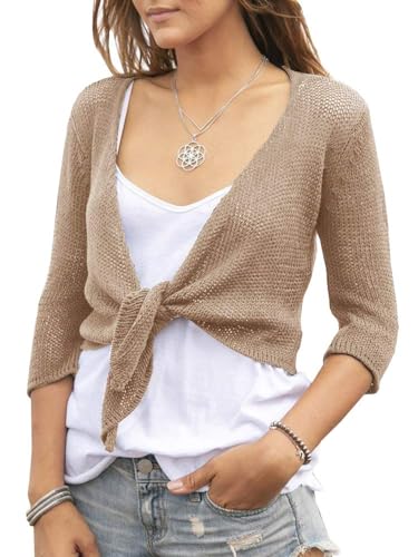 Saodimallsu Damen Leichte Strickjacke mit V-Ausschnitt Kurzarm Strickpullover Open Front 3/4 Ärmel Sommer Casual Cardigan Sheer Knotted Strand Tops Khaki M von Saodimallsu