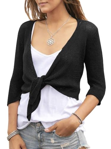 Saodimallsu Damen Leichte Strickjacke mit V-Ausschnitt Kurzarm Strickpullover Open Front 3/4 Ärmel Sommer Casual Cardigan Sheer Knotted Strand Tops Schwarz S von Saodimallsu