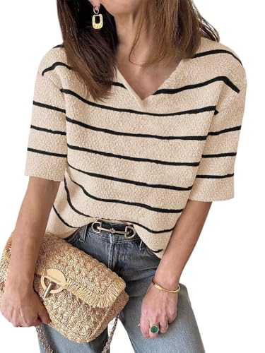 Damen Sommer Kurzarm Strickpullover mit V-Ausschnitt Gestreifter Outfit T-Shirt lockerer Schnitt modischer Freizeit Pullover 2025 von Saodimallsu
