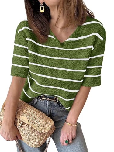 Damen Sommer Kurzarm Strickpullover mit V-Ausschnitt Gestreifter Outfit T-Shirt lockerer Schnitt modischer Freizeit Pullover 2025 von Saodimallsu