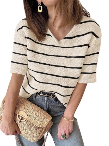 Damen Sommer Kurzarm Strickpullover mit V-Ausschnitt Gestreifter Outfit T-Shirt lockerer Schnitt modischer Freizeit Pullover 2025 von Saodimallsu