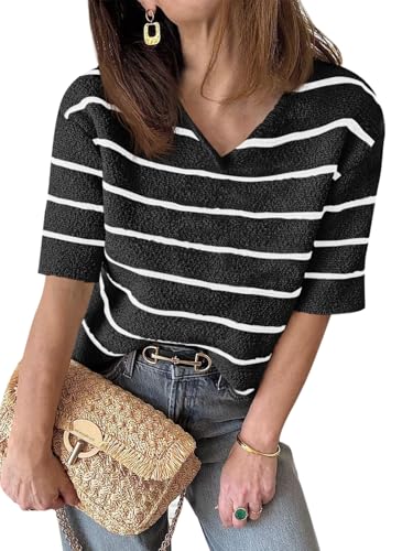 Damen Sommer Kurzarm Strickpullover mit V-Ausschnitt Gestreifter Outfit T-Shirt lockerer Schnitt modischer Freizeit Pullover 2025 von Saodimallsu