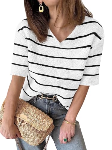 Damen Sommer Kurzarm Strickpullover mit V-Ausschnitt Gestreifter Outfit T-Shirt lockerer Schnitt modischer Freizeit Pullover 2025 von Saodimallsu