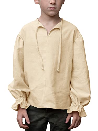 Saodimallsu Baumwolle Hemd Jungen Halloween Scottish Jacobite Tops Langärmelig V-Ausschnitt mit Kordelzug Shirts Mittelalterliches Piratenkostüm Kind Hemden Khaki 13-14Jahre von Saodimallsu