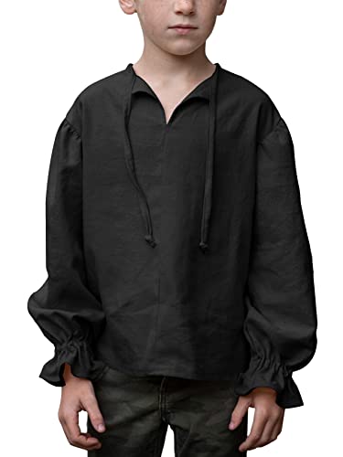 Saodimallsu Baumwolle Hemd Jungen Halloween Scottish Jacobite Tops Langärmelig V-Ausschnitt mit Kordelzug Shirts Mittelalterliches Piratenkostüm Kind Hemden Schwarz 7-8Jahre von Saodimallsu