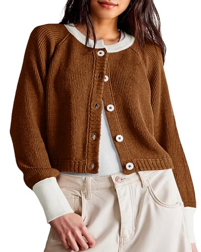 Saodimallsu Cardigan Damen Kurz Strickjacke Elegant Herbst Leicht Rundhals Loose fit Farbblock Strickmantel mit Knopf, Bräunlich, XL von Saodimallsu