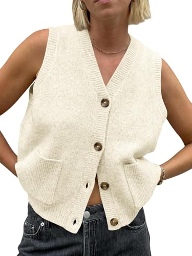 Saodimallsu Damen Ärmellos Pullover Weste Lockere Passform Strickwesten Knopf V Hals Stricken Trendy Casual Strickjacke mit Taschen Beige Klein von Saodimallsu