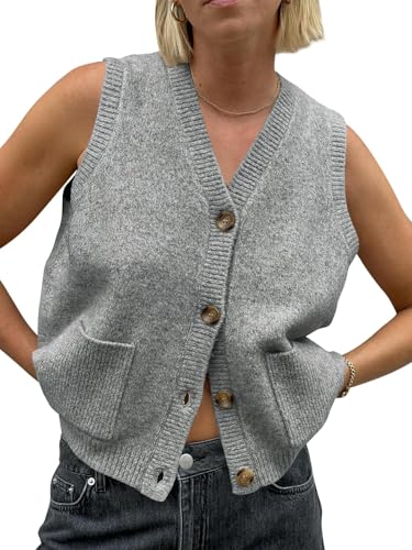 Saodimallsu Damen Ärmellos Pullover Weste Lockere Passform Strickwesten Knopf V Hals Stricken Trendy Casual Strickjacke mit Taschen Grau Klein von Saodimallsu