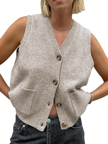 Saodimallsu Damen Ärmellos Pullover Weste Lockere Passform Strickwesten Knopf V Hals Stricken Trendy Casual Strickjacke mit Taschen Helles Khaki X-Groß von Saodimallsu