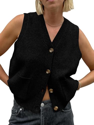 Saodimallsu Damen Ärmellos Pullover Weste Lockere Passform Strickwesten Knopf V Hals Stricken Trendy Casual Strickjacke mit Taschen Schwarz XX-Groß von Saodimallsu