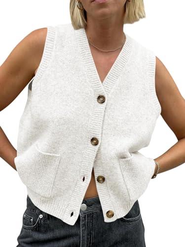 Saodimallsu Damen Ärmellos Pullover Weste Lockere Passform Strickwesten Knopf V Hals Stricken Trendy Casual Strickjacke mit Taschen Weiß XX-Groß von Saodimallsu