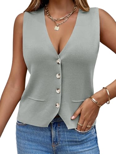 Saodimallsu Damen Ärmellos Pullover Weste Stricken V Hals Knopf Mode Lässig Lose Strickjacke Hellgrau, L von Saodimallsu