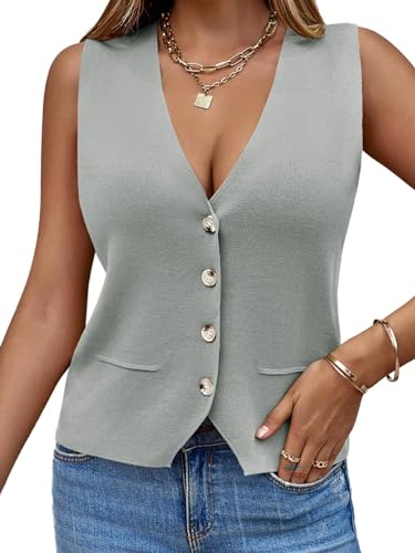 Saodimallsu Damen Ärmellos Pullover Weste Stricken V Hals Knopf Mode Lässig Lose Strickjacke Hellgrau, XXL von Saodimallsu