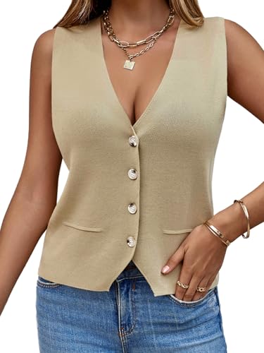 Saodimallsu Damen Ärmellos Pullover Weste Stricken V Hals Knopf Mode Lässig Lose Strickjacke Khaki, L von Saodimallsu