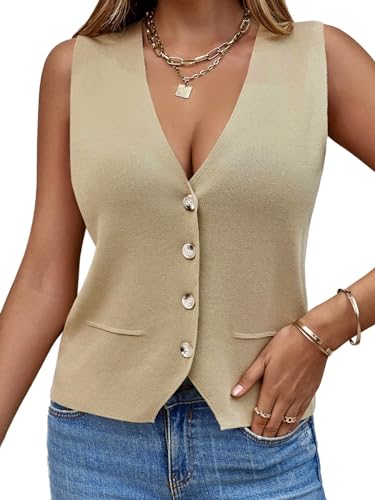 Saodimallsu Damen Ärmellos Pullover Weste Stricken V Hals Knopf Mode Lässig Lose Strickjacke Khaki, XL von Saodimallsu