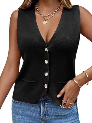 Saodimallsu Damen Ärmellos Pullover Weste Stricken V Hals Knopf Mode Lässig Lose Strickjacke Schwarz, L von Saodimallsu