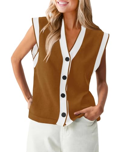 Saodimallsu Damen Ärmellos Weste Stricken V Ausschnitt Knopf Oberteil Mode Lässig Lose Strickjacke Frauen Sommer Strickweste Gelbbraun, S Saodimallsu Damen Ärmellos Weste Stricken V Ausschnitt Knopf Oberteil Mode Lässig Lose Strickjacke Frauen Sommer Strickweste Gelbbraun, S von Saodimallsu