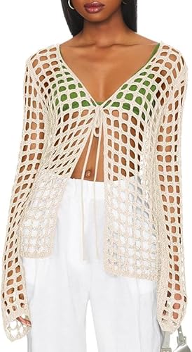 Saodimallsu Damen Badeanzug Bikini Cover Up Gestrickte Strandkleid V-Ausschnitt Bademode Urlaub Schwimmbekleidung Sommer Strand Outfits Beige S von Saodimallsu