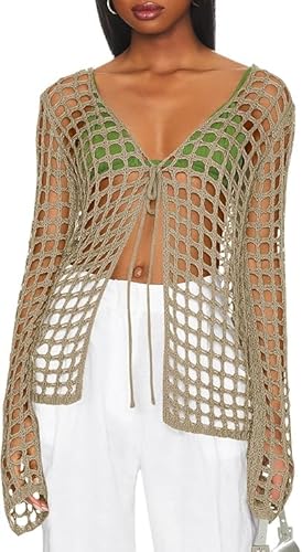 Saodimallsu Damen Badeanzug Bikini Cover Up Gestrickte Strandkleid V-Ausschnitt Bademode Urlaub Schwimmbekleidung Sommer Strand Outfits Khaki S von Saodimallsu