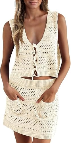 Saodimallsu Damen Bikini Cover Up Set 2 Teilig Badeanzug Häkeln Ärmellose Crop Top Strickrock Häkelkleid Strand Bademode Gestrickte Strandkleid Beach Crochet Cover Ups Beige XXL von Saodimallsu