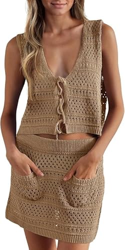 Saodimallsu Damen Bikini Cover Up Set 2 Teilig Badeanzug Häkeln Ärmellose Crop Top Strickrock Häkelkleid Strand Bademode Gestrickte Strandkleid Beach Crochet Cover Ups Khaki XL von Saodimallsu