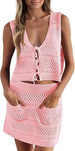 Saodimallsu Damen Bikini Cover Up Set 2 Teilig Badeanzug Häkeln Ärmellose Crop Top Strickrock Häkelkleid Strand Bademode Gestrickte Strandkleid Beach Crochet Cover Ups Rosa L von Saodimallsu