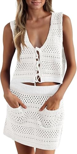 Saodimallsu Damen Bikini Cover Up Set 2 Teilig Badeanzug Häkeln Ärmellose Crop Top Strickrock Häkelkleid Strand Bademode Gestrickte Strandkleid Beach Crochet Cover Ups Weiß XXL von Saodimallsu