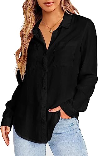 Saodimallsu Damen Bluse Langarm Hemd mit V-Ausschnitt Regular Fit Baumwolle Shirt Elegant Business Arbeit Oberteile Casual Langarmshirt Schwarz M von Saodimallsu
