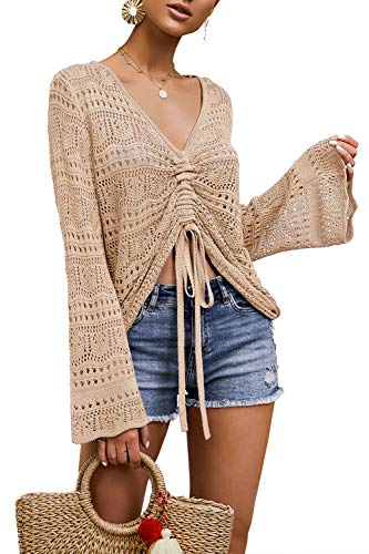 Saodimallsu Damen Boho Off Shoulder Tops Flowy Oversized Langarm Oberteil V-Ausschnitt Crochet Sexy Tie Front Rüschen Shirts Apricot von Saodimallsu