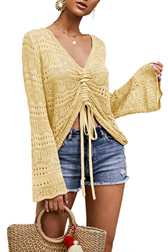 Saodimallsu Damen Boho Off Shoulder Tops Flowy Oversized Langarm Oberteil V-Ausschnitt Crochet Sexy Tie Front Rüschen Shirts Blassgelb von Saodimallsu