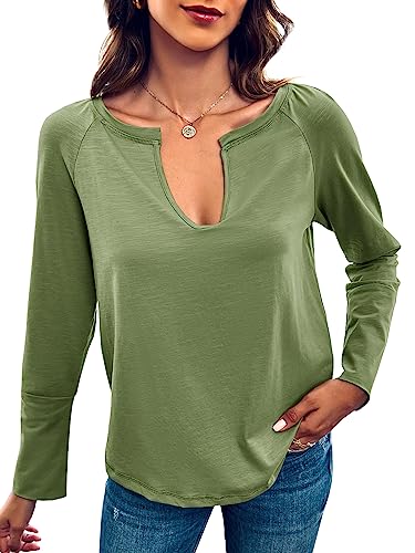 Saodimallsu Damen Casual Langarmshirt Tiefer V-Ausschnitt Langarm Oberteile Einfarbig Oversized Frühling Herbst Tops Armeegrün Groß von Saodimallsu