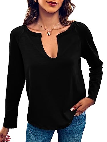 Saodimallsu Damen Casual Langarmshirt Tiefer V-Ausschnitt Langarm Oberteile Einfarbig Oversized Frühling Herbst Tops Schwarz Groß von Saodimallsu