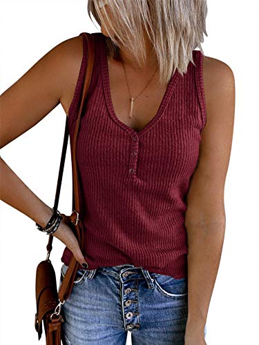 Saodimallsu Damen Tank Tops mit V-Ausschnitt Sommer Gerippte Ärmellose Henley Bluse Beiläufige Lose Geknöpfte Cami Strick T-Shirts Weinrot S von Saodimallsu