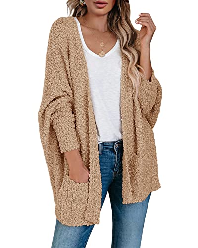 Saodimallsu Damen Grobstrick Popcorn Cardigan Oversized Offene Front Boyfriend Fledermaus Langarm Strickjacke Khaki S von Saodimallsu