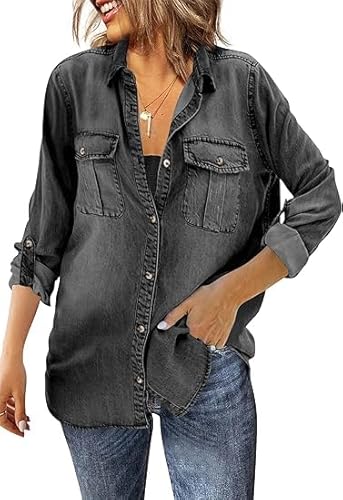 Saodimallsu Damen Jeanshemd Langarm Bluse Button Down Denim Hemden Casual Regular Fit Jeansjacke mit Brusttaschen Schwarz XL von Saodimallsu