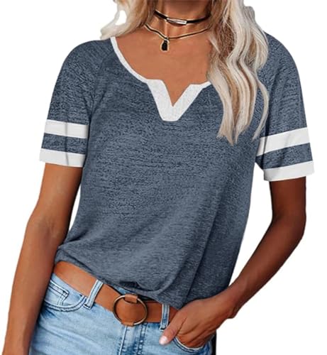 Saodimallsu Damen Kurzarm T Shirt mit V-Ausschnitt Basic Oberteile Sommer Casual Lose Tops Stilvoll Sportshirt Dunkelblau X-Groß von Saodimallsu