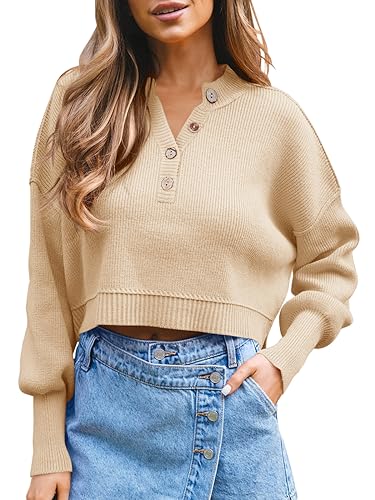 Saodimallsu Damen Langarm Pullover V-Ausschnitt Gerippter Strickpullover Frauen Casual Elegante Pullover Tops, Aprikose, XL von Saodimallsu