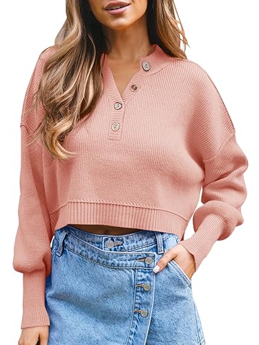 Saodimallsu Damen Langarm Pullover V-Ausschnitt Gerippter Strickpullover Frauen Casual Elegante Pullover Tops, Rosa, L von Saodimallsu
