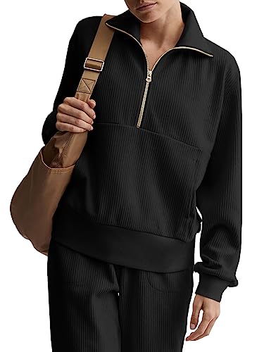 Saodimallsu Damen Langarm Sweatshirt Half Zip Casual Känguru Tasche Herbst Gerippte Pullover Tops Schwarz Groß von Saodimallsu