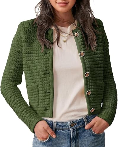Saodimallsu Damen Kurz Strickjacke Langarm Cardigan Rundhalsausschnitt Knopfleiste Strickweste Vintage Trachtenjacke Elegante Oberteil mit Taschen Grün S von Saodimallsu