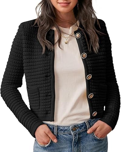 Saodimallsu Damen Kurz Strickjacke Langarm Cardigan Rundhalsausschnitt Knopfleiste Strickweste Vintage Trachtenjacke Elegante Oberteil mit Taschen Schwarz S von Saodimallsu